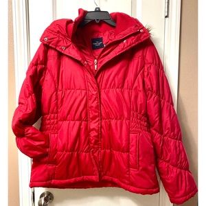Red puff jacket with fur hood